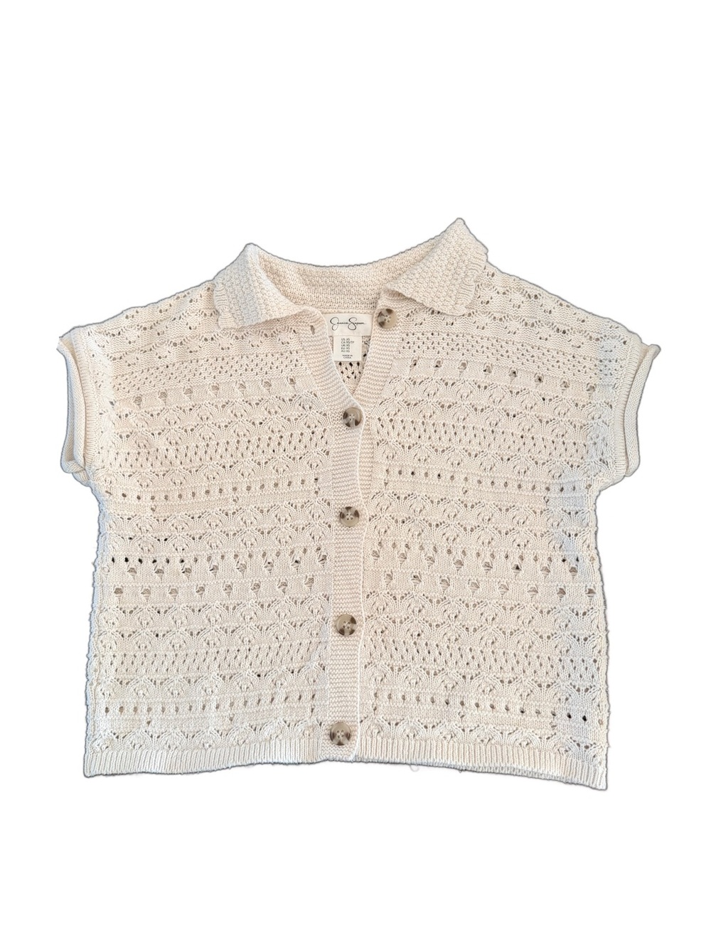 Jessica Simpson Cream Crochet Knit Button Front Crop Cardigan Top XS EUC